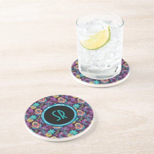 Monogrammed Colorful Glass Beads Floral Design Coaster