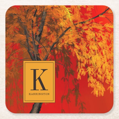 Monogrammed Colorful Painted Tree in Autumn Square Paper Coaster
