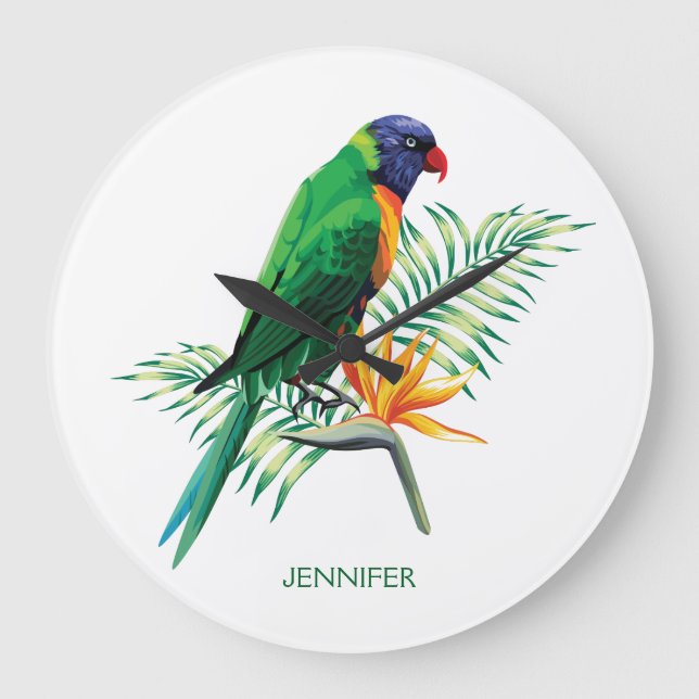 Monogrammed Colorful Parrot And Flowers Large Clock (Front)