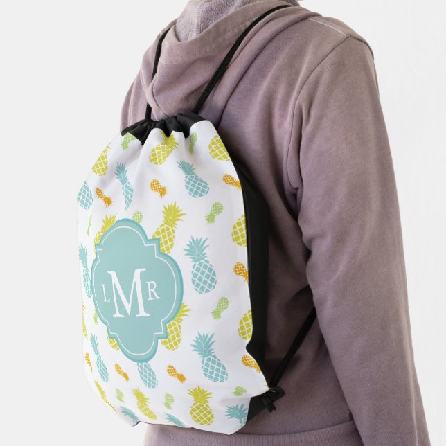 Monogrammed Colorful Pineapples Pattern Drawstring Bag (Insitu)