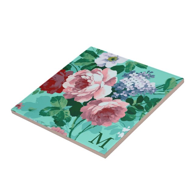 Monogrammed Colorful Roses Tile (Side)