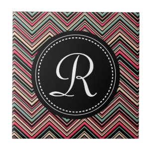 Monogrammed Colorful Tribal Chevron Pattern Tile