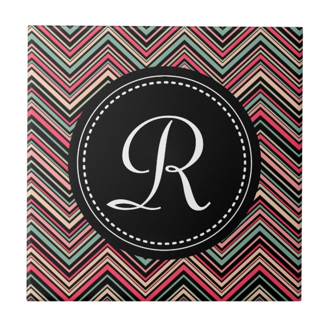 Monogrammed Colorful Tribal Chevron Pattern Tile (Front)