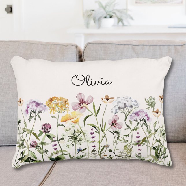 Monogrammed Colorful Wildflower Garden Accent Pillow (In situ)