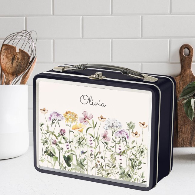 Monogrammed Colorful Wildflower Garden Metal Lunch Box (In situ)