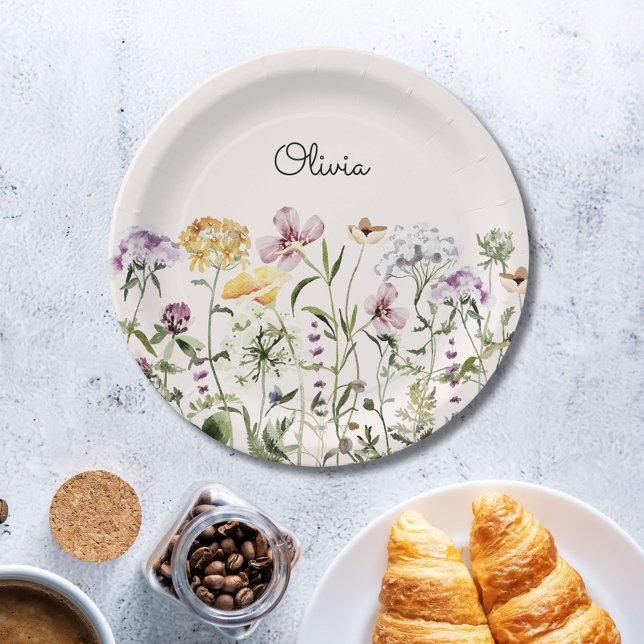 Monogrammed Colorful Wildflower Garden Paper Plates (In situ)