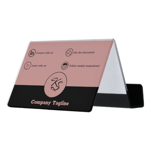 Monogrammed Company Name Tagline Black  Pink Desk Business Card Holder
