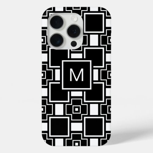 Monogrammed contemporary black and white pattern iPhone 15 pro case
