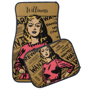 Monogrammed Cool Funny woman Newspaper retro brown Car Floor Mat