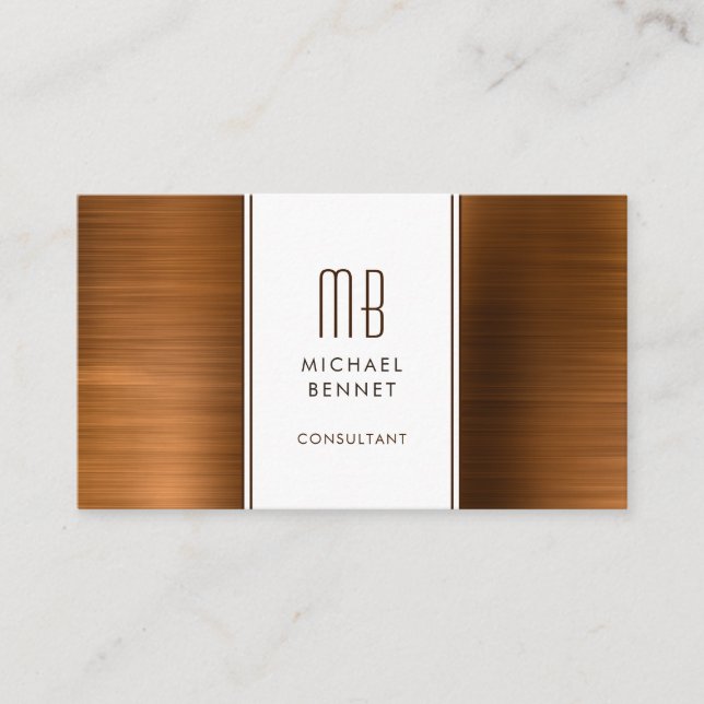 Monogrammed Copper Brown Metallic Foil Consultant Business Card (Front)