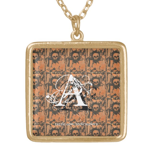 Monogrammed Copper Skull Pattern Gold Plated Necklace (Front)