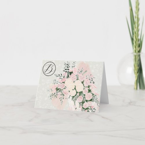Monogrammed Coquette blush bow rose Bouquet Letterpress Thank You Card