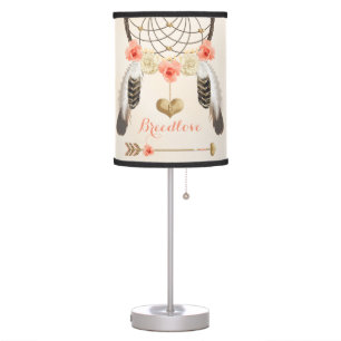 Monogrammed Coral and Gold Boho Dreamcatcher Table Lamp