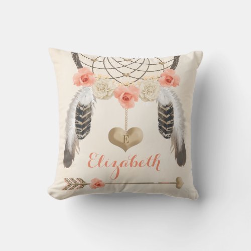Monogrammed Coral and Gold Boho Dreamcatcher Throw Pillow