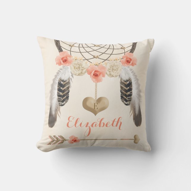 Monogrammed Coral and Gold Boho Dreamcatcher Throw Pillow (Front)