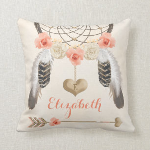 Monogrammed Coral and Gold Boho Dreamcatcher Throw Pillow