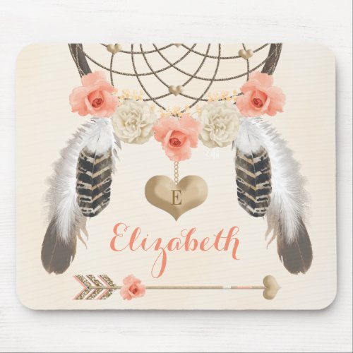 Monogrammed Coral and Gold Dreamcatcher and Arrow Mouse Pad