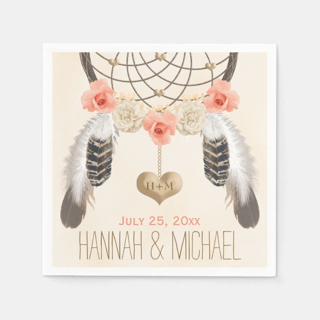 MONOGRAMMED CORAL AND GOLD DREAMCATCHER WEDDING PAPER NAPKINS (Front)