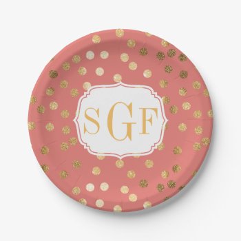 Monogrammed Coral And Gold Glitter City Dots Paper Plates by HoundandPartridge at Zazzle