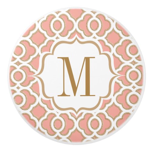 Monogrammed Coral and Gold Moroccan Ceramic Knob