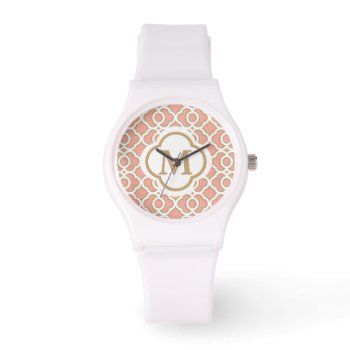 Monogrammed Coral And Gold Quatrefoil Moroccan Watch by cutecustomgifts at Zazzle