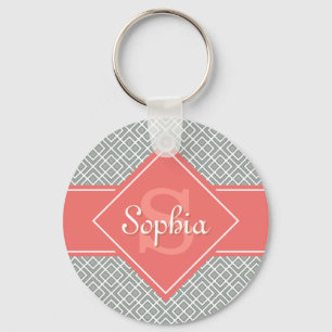 Monogrammed Coral and Gray Diamond Pattern Keychain