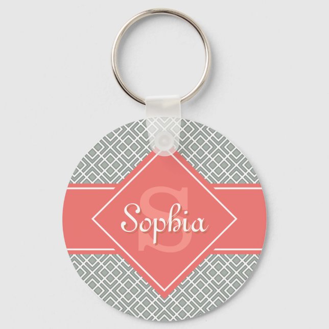 Monogrammed Coral and Gray Diamond Pattern Keychain (Front)