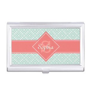 Monogrammed Coral and Mint Diamond Pattern Case For Business Cards