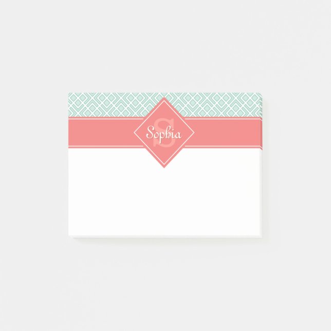 Monogrammed Coral and Mint Diamond Pattern Post-it Notes (Front)