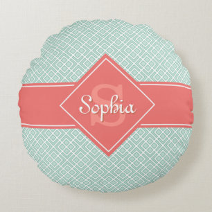 Monogrammed Coral and Mint Diamond Pattern Round Pillow