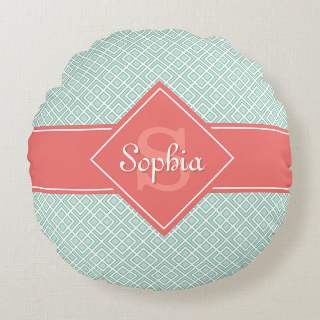 Monogrammed Coral and Mint Diamond Pattern Round Pillow (Front)