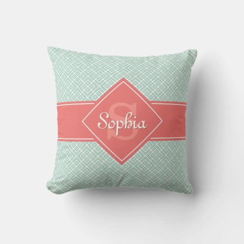 Monogrammed Coral and Mint Diamond Pattern Throw Pillow