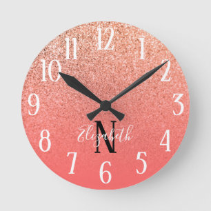 Monogrammed Coral and Orange Glitter Ombre Round Clock