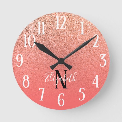 Monogrammed Coral and Orange Glitter Ombre Round Clock