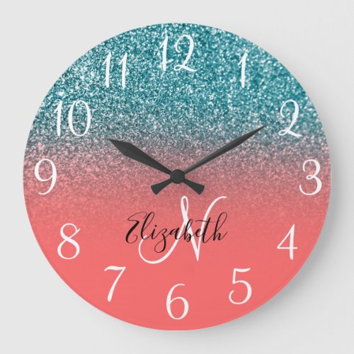 Monogrammed Coral and Teal Glitter Ombre Large Clock