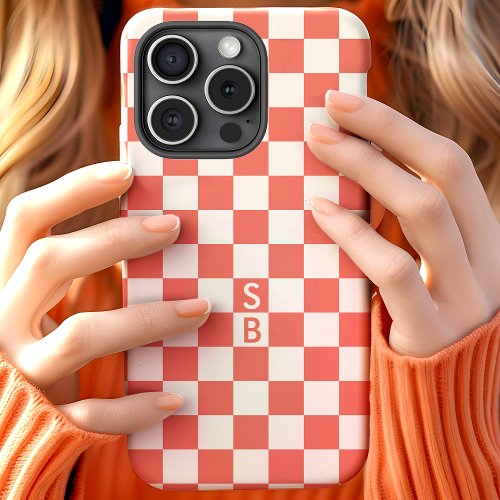 Monogrammed Coral And White Checkerboard Pattern iPhone 15 Case