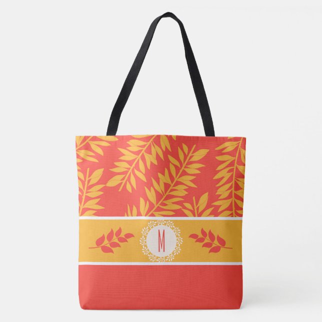 Monogrammed Coral and Yellow Summer Cabana Tote Bag (Front)