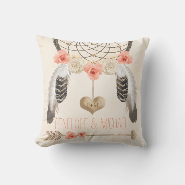 Monogrammed Coral Gold Boho Dreamcatcher Wedding Throw Pillow (Front)