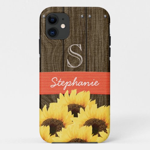 MONOGRAMMED CORAL GREEN RUSTIC SUNFLOWER iPhone 11 CASE