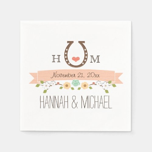 Monogrammed Coral Horseshoe Heart Wedding Paper Napkins