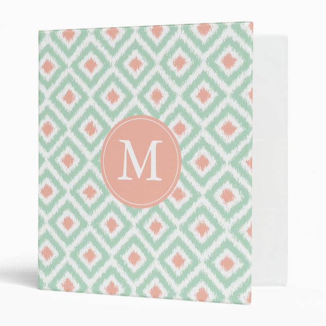 Monogrammed Coral Mint Diamond Ikat Pattern Binder (Front/Inside)