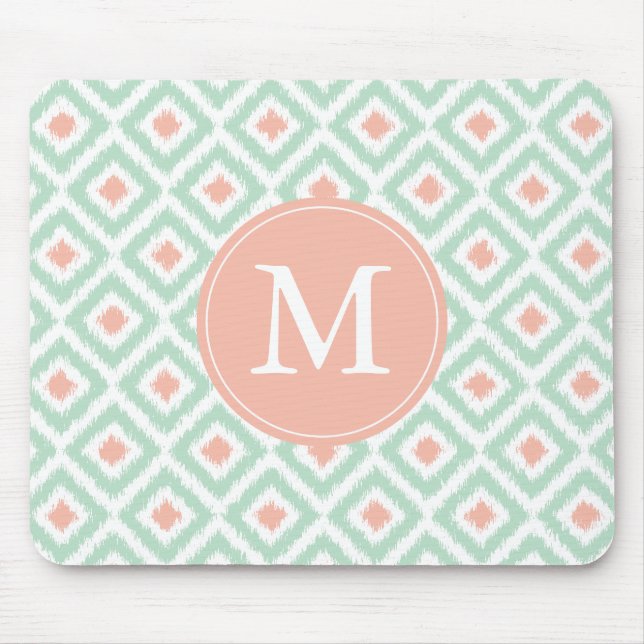 Monogrammed Coral Mint Diamonds Ikat Pattern Mouse Pad (Front)