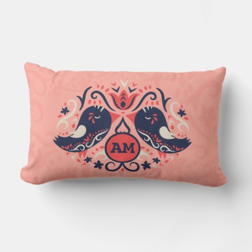 Monogrammed Coral Navy Blue Folk Art Birds Floral Lumbar Pillow