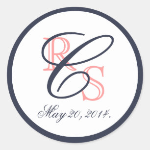 Monogrammed Coral Navy Blue Wedding Classic Round Sticker