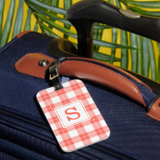 Monogrammed Coral Orange and White Plaid Pattern Luggage Tag