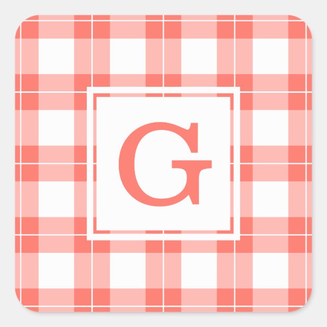 Monogrammed Coral Orange and White Plaid Pattern Square Sticker (Front)