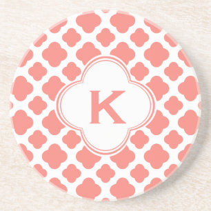 Monogrammed Coral Pink Quatrefoil Pattern Drink Coaster
