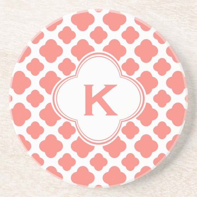 Monogrammed Coral Pink Quatrefoil Pattern Drink Coaster (Front)