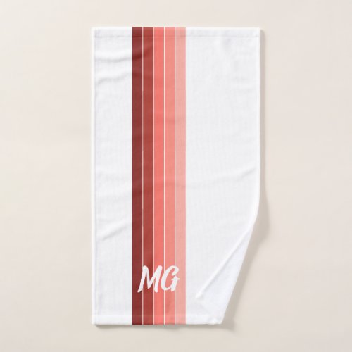 Monogrammed Coral Red Pink White Stripes Hand Towel