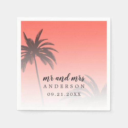 Monogrammed Coral Tropical Palm Tree Beach Wedding Napkins